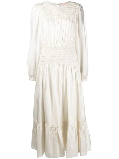 Tory Burch Long Sleeve Smocked Silk Maxi Dress In White