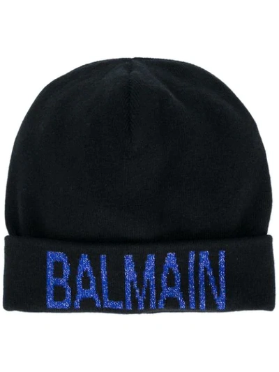 Balmain Logo Intarsia Wool Blend Beanie In Black