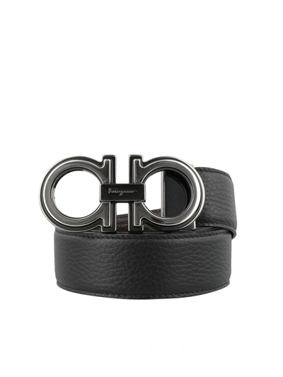 Ferragamo Reversible Black Belt In Hammered Leather