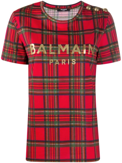 Balmain Tartan T-shirt With Logo And Buttons In Red