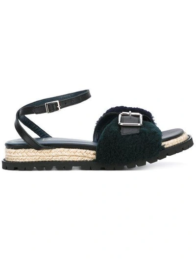 Sacai Leather Ankle Strap Sheepskin Shearling Sandals In Blue