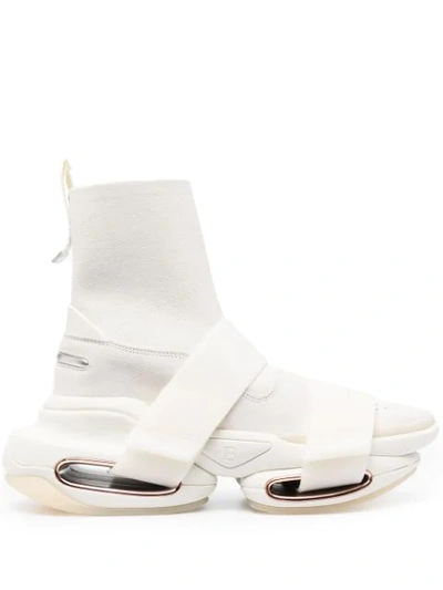 Balmain B-bold Sneakers In Stretch Fabric And Suede In White