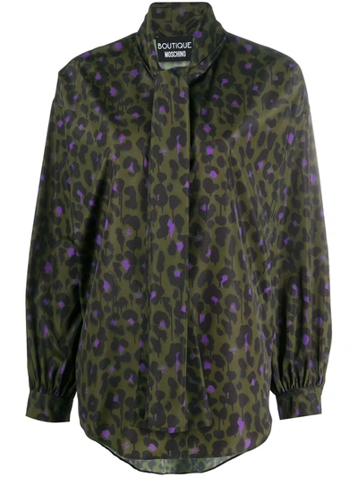 Boutique Moschino Leopard-print Tied-neck Blouse In Green