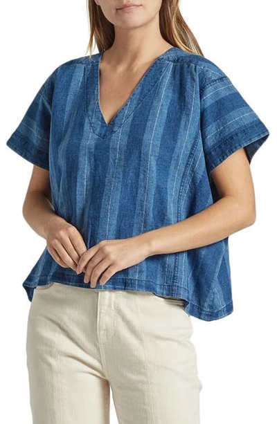 Joie Theola Striped Linen And Cotton-blend Chambray Top In Deep Ocean