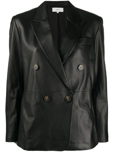 Vince Double-breasted Leather Blazer In Black