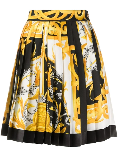 Versace Pleated Printed Silk-twill Mini Skirt In Black,white,gold