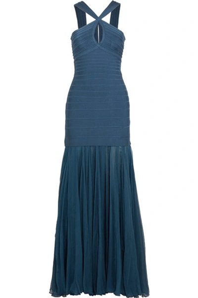 Herve Leger Sleeveless Keyhole Bandage Gown With Chiffon Skirt, China Blue