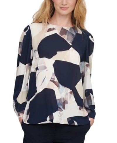 Dkny Long-sleeve Abstract Print Blouse In Navy/blush Multi