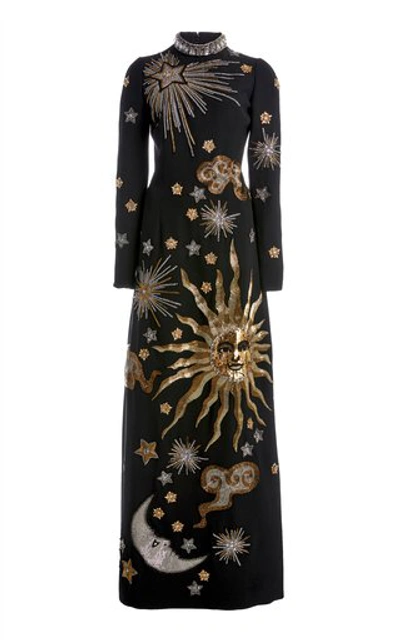Andrew Gn Embroidered Crepe High-neck Maxi Dress In Black
