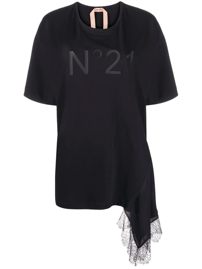 N°21 Asymmetric Lace-trim Logo T-shirt In Black