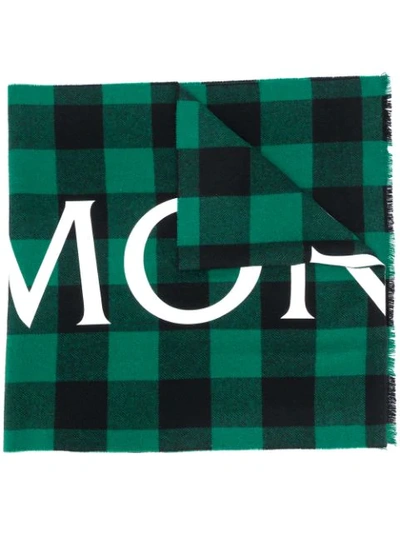 Moncler Logo Print Checked Scarf In Green