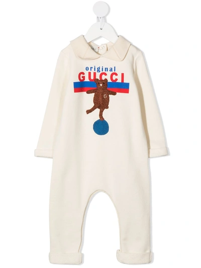 Gucci Babies' Bear Embroidered Romper In Neutrals