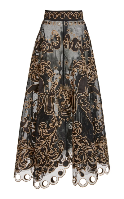 Zimmermann 'ladybeetle Fortune' Graphic Embroidered Tulle Midi Skirt In Black