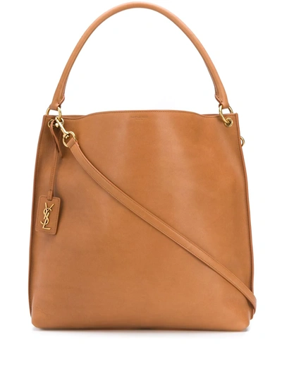 Saint Laurent Logo Plaque Leather Tote Bag In Tan