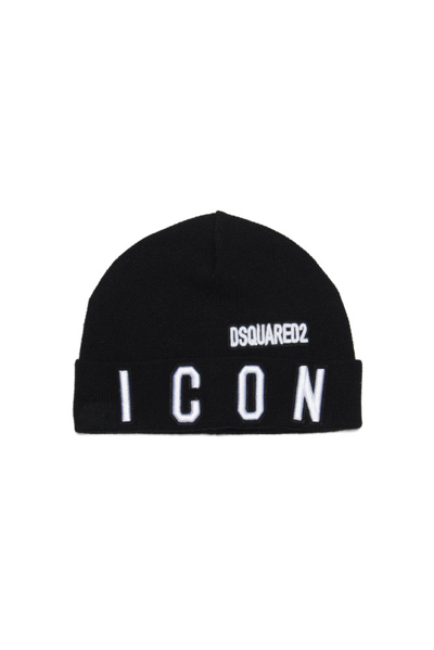 Dsquared2 Kids' Icon Embroidered Wool Blend Hat In Black