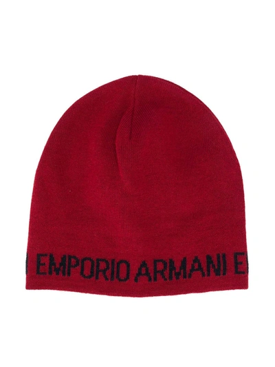 Emporio Armani Kids' Logo-jacquard Beanie Hat In Red