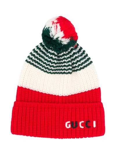 Gucci Kids Striped Wool Bobble Beanie Hat 4-12 Years In Red