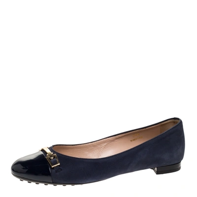 Pre-owned Tod's Navy Blue Suede And Patent Leather Cap Toe Buckle Ballet Flats Size 36.5