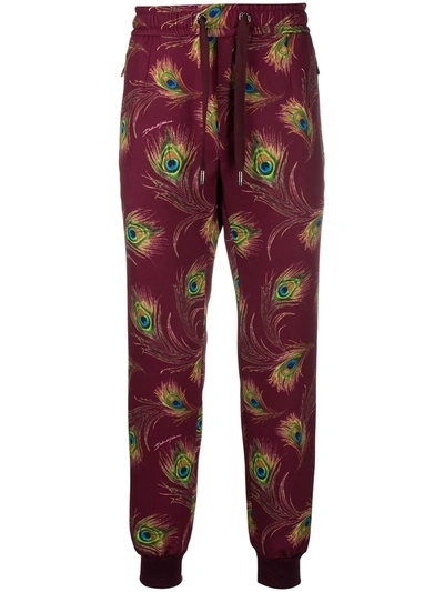 Dolce & Gabbana Jersey Jogging Pants With Peacock Print In Red