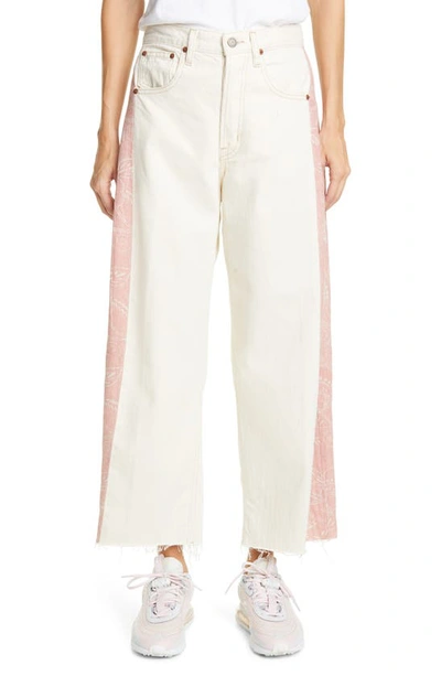 B Sides Lasso Vintage Wide Leg Raw Hem Crop Jeans In Clair W Pink Floral Patchwork