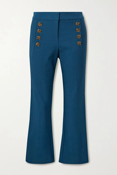 Derek Lam 10 Crosby Adeline Cropped Button-embellished Stretch-cotton Flared Pants In Indigo