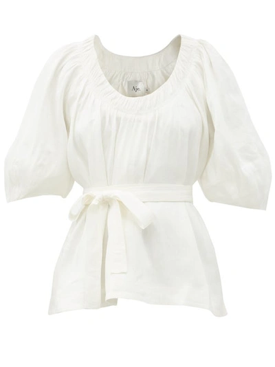 Aje Psychedelia Linen-blend Dupioni Belted Blouse In Ivory
