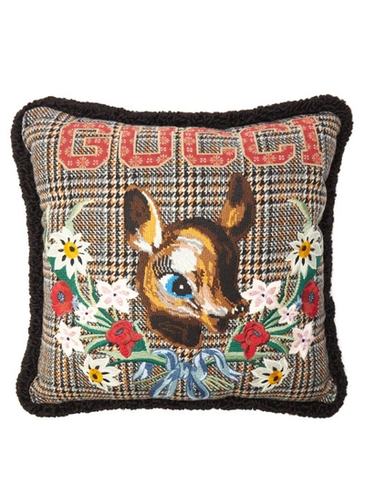 Gucci Bambi Embroidered Vintage Check Cushion In Brown,multi