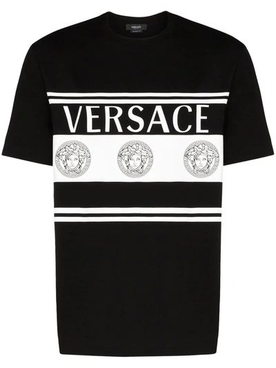 Versace Stripe Medusa Logo Cotton T-shirt In Black