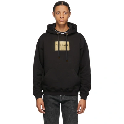 Versace Logo Graphic Cotton Hoodie In Black,gold