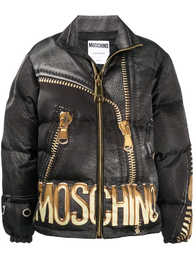 Moschino Logo Print Puffer Jacket In Black