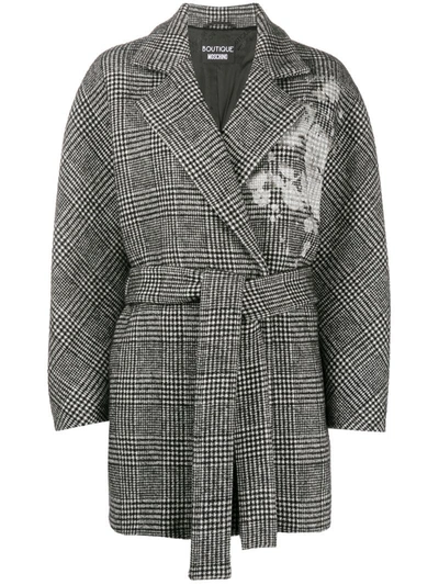 Boutique Moschino Check Waist-tied Coat In Black