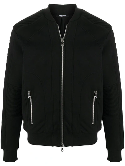 Balmain Jersey Bomber With Embossed Logo And Ribbed Detailing In Black