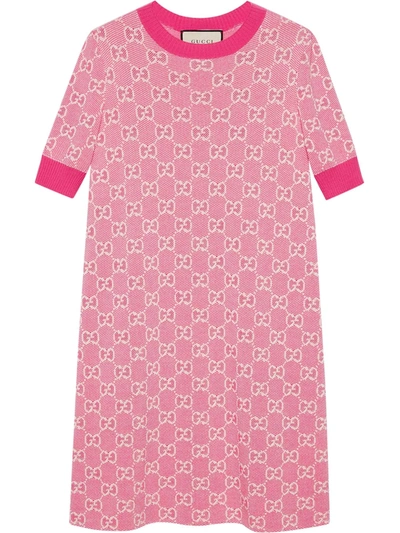 Gucci Womens Fuxia Ivory Logo-pattern Wool And Cotton-blend Knitted Mini Dress M In Fuchsia