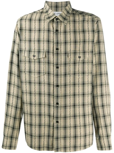 Saint Laurent Oversized Embroidered Checked Woven Shirt In Neutrals