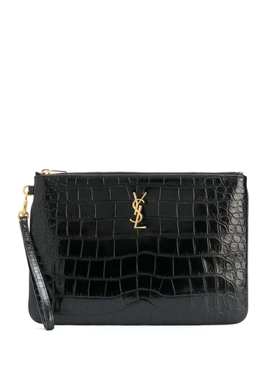 Saint Laurent Crocodile-embossed Tablet-holder Pouch Bag In Black