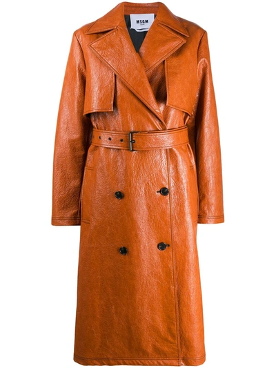 Msgm Double-breasted Belted Faux Leather Trench Coat In Brown