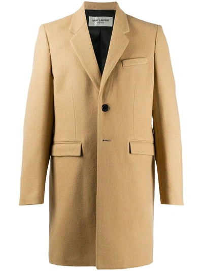 Saint Laurent Neutrals Single-breasted Wool Coat In Brown