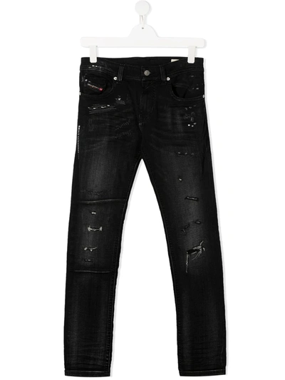 Diesel Teen Distressed Slim-fit Jeans In Black