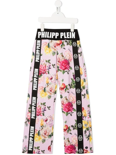 Philipp Plein Junior Kids' Floral Print Loose-fit Trousers In Pink