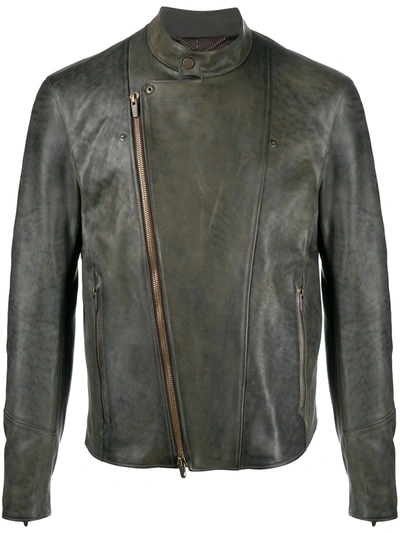 Ajmone Diagonal Zip Leather Jacket In Green