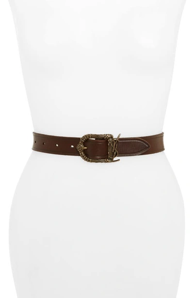 Saint Laurent Celtic Monogram Buckle Leather Belt In Nut