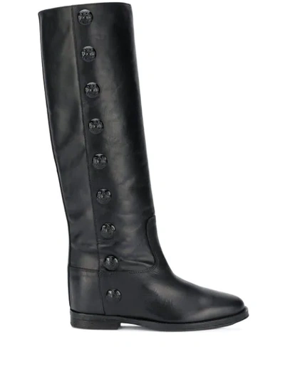 Via Roma 15 Black Leather Boot With Side Buttons
