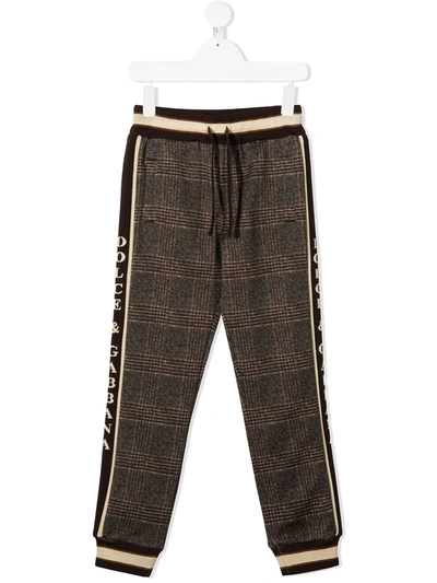 Dolce & Gabbana Kids' Checked Logo Trim Track Pants In Brown
