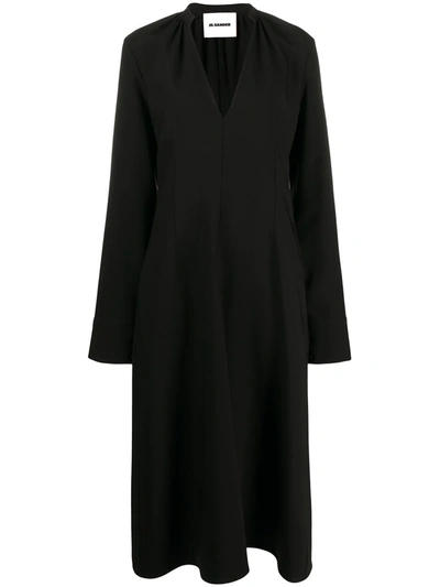 Jil Sander V-neck Midi Dress In Black