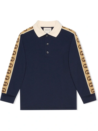 Gucci Kids' Cotton Piquet Polo Shirt W/ Logo Bands In Blue