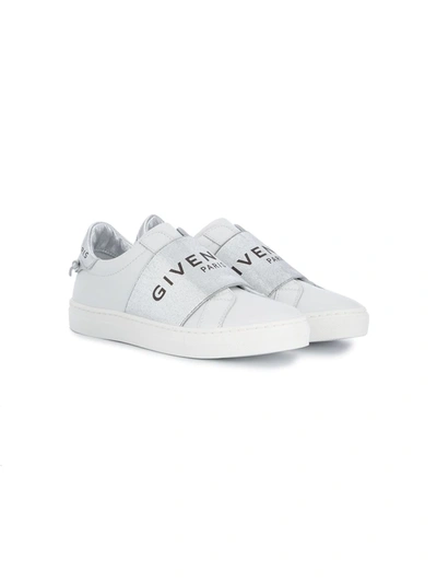 Givenchy Kids' Slip-on Leather Trainers W/ Logo Strap In White,silver