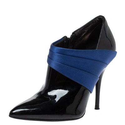 Pre-owned Casadei Black/blue Pleated Satin And Patent Leather Ankle Booties Size 35