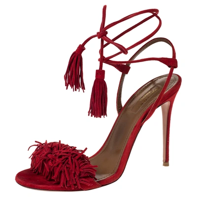 Pre-owned Aquazzura Red Suede Leather Wild Thing Fringe Details Ankle Wrap Sandals Size 37