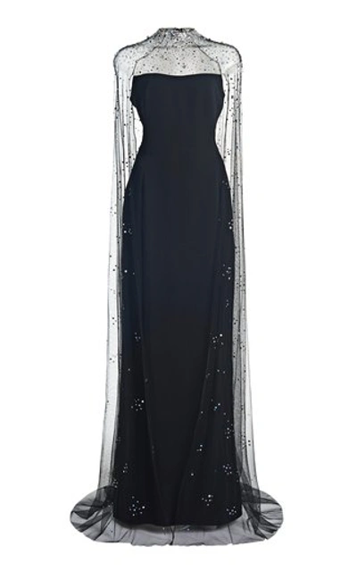 Jenny Packham Embellished-cape Pearle Gown In Black