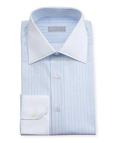 Stefano Ricci Striped Contrast-collar Dress Shirt, Light Blue